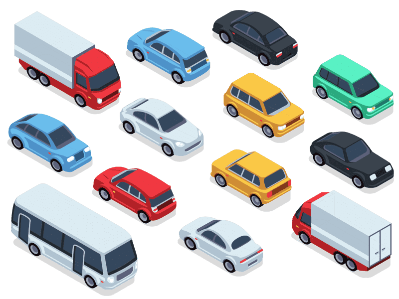 Illustration of assorted vehicles: cars, a van and a bus